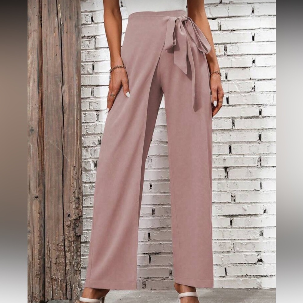 High-Waist Wide-Leg Wrap Tie Pants - Dusty Rose - Picture 3 of 6